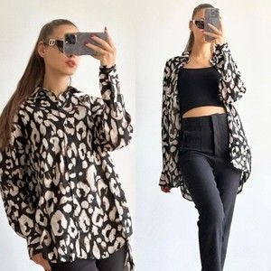 H&M Linen Black Leopard Print Button Down Shirt size XL